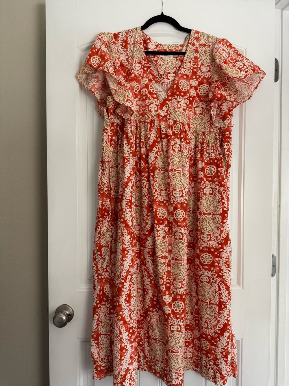 Maeve Orange Floral Midi Dress with Cream Medallion Print